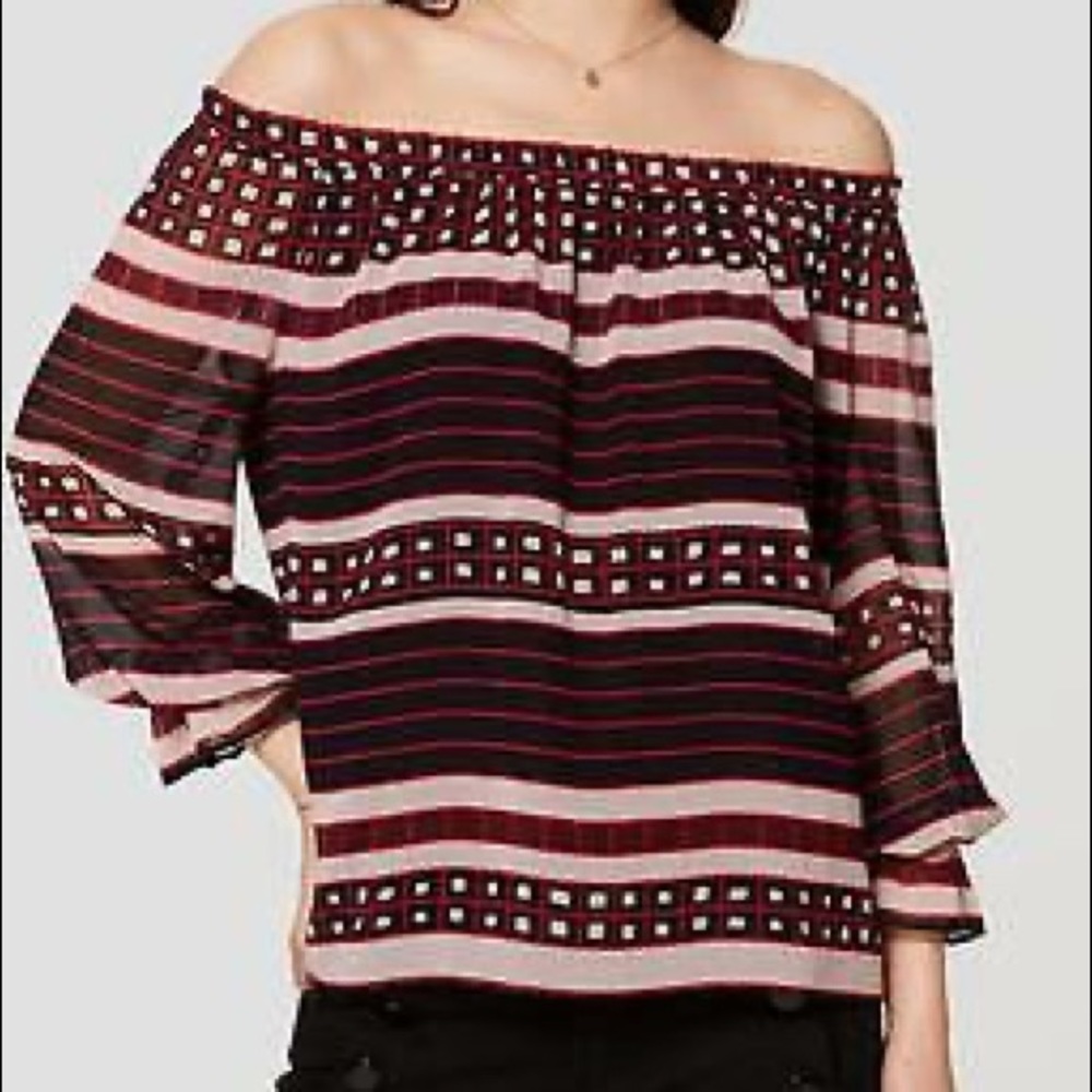 Loft Petite Black/Red Geometric Patterned Blouse - image 1